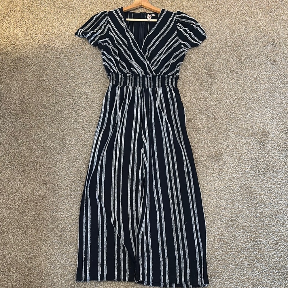 Dolan Blue and White Pleated Jumpsuit with V-Neck